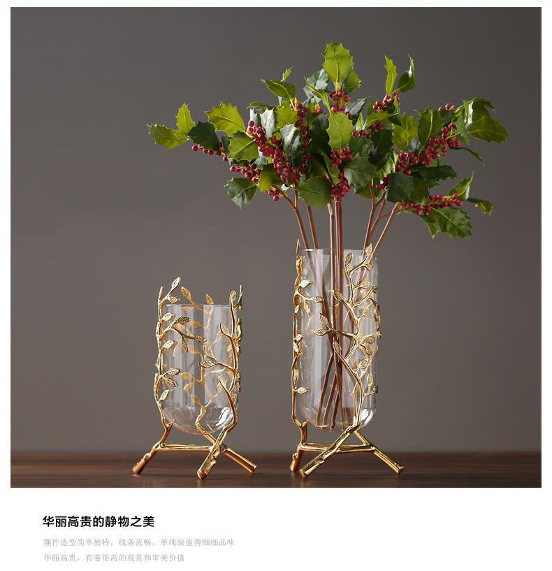 Ashlo's Glass Metal Vase Hollow Gold Metal Frame Branches Rattan Transparent Flower Vase Flower Arrangement Hydroponics Home Decoration