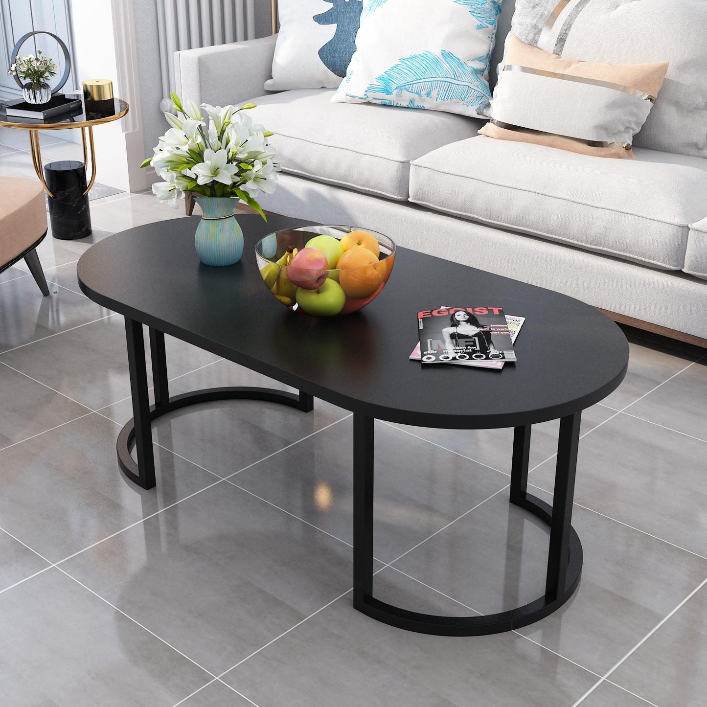 Ashlo's Décor Powder Coated Iron Oval Shape Center Table - Black Base with White Top Centerpiece for Living Room, Bedroom