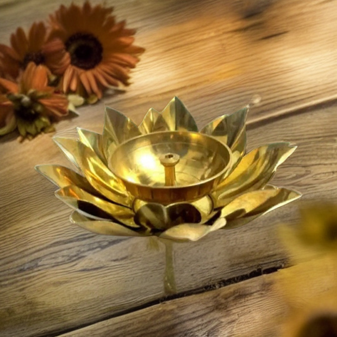 Ashlo's Decor Pure Brass Diya with Leaves | Lotus Shape Akhand Jyothi Diya - Decorative Akhand Deepak for Pooja