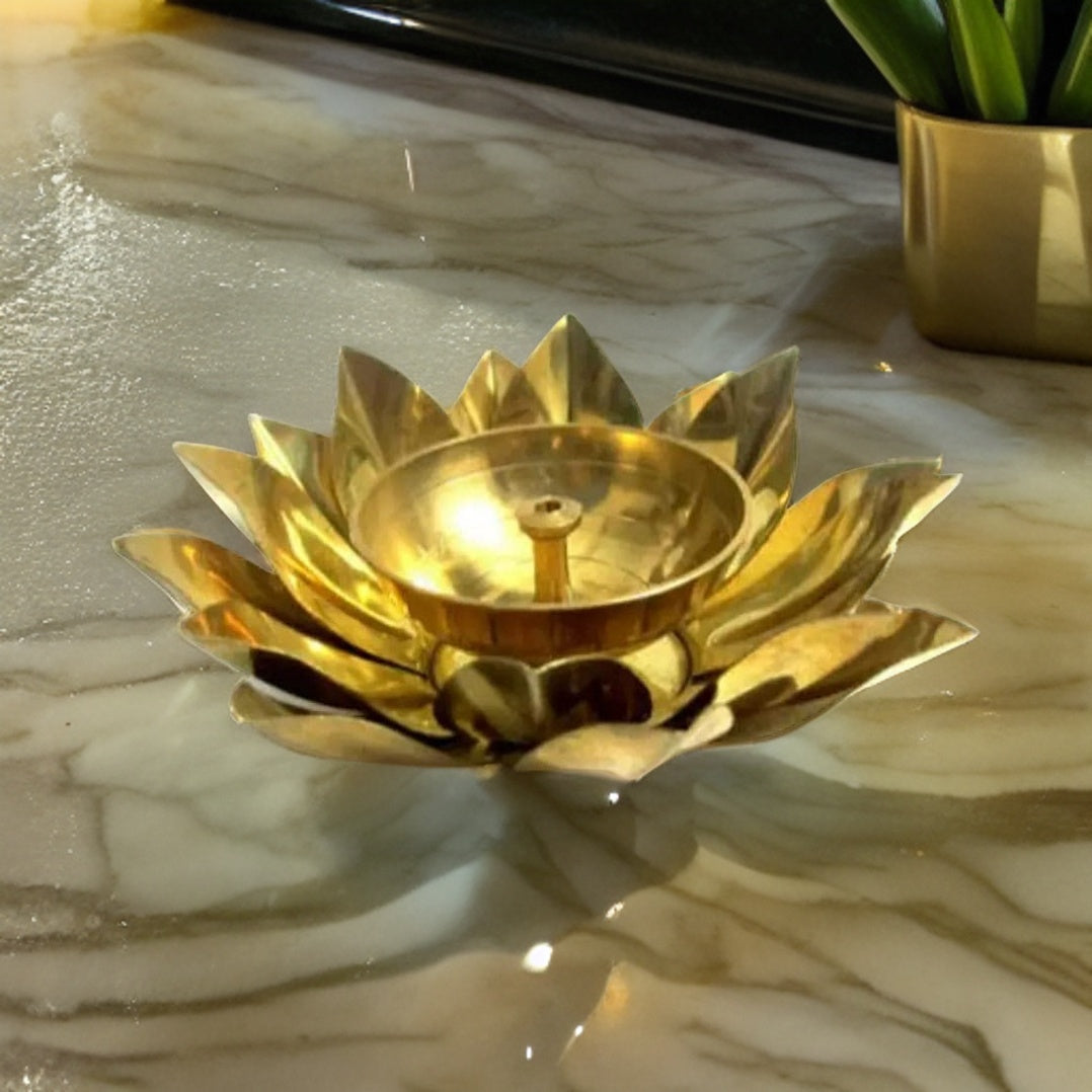 Ashlo's Decor Pure Brass Diya with Leaves | Lotus Shape Akhand Jyothi Diya - Decorative Akhand Deepak for Pooja