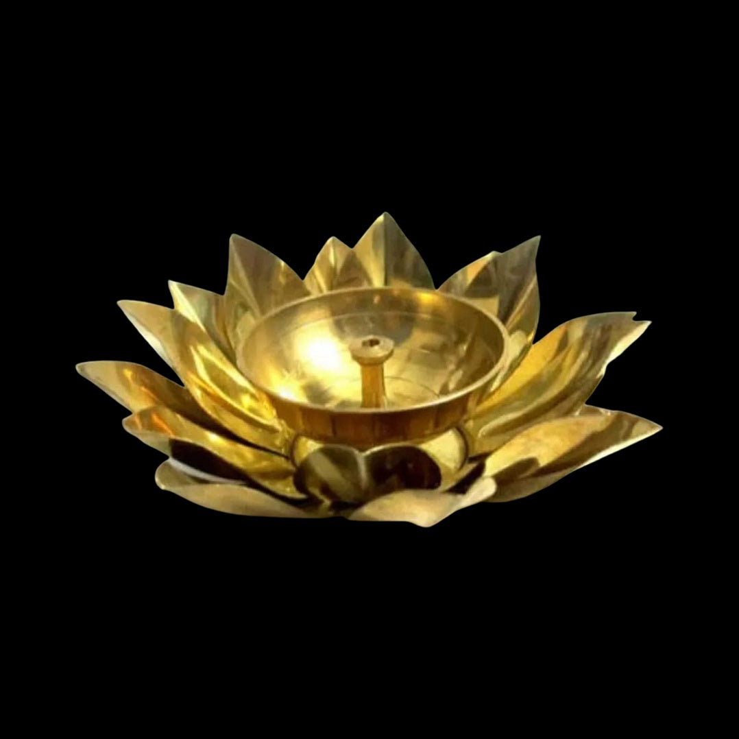 Ashlo's Decor Pure Brass Diya with Leaves | Lotus Shape Akhand Jyothi Diya - Decorative Akhand Deepak for Pooja