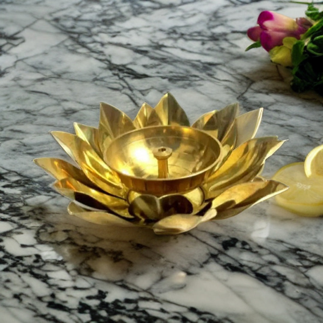 Ashlo's Decor Pure Brass Diya with Leaves | Lotus Shape Akhand Jyothi Diya - Decorative Akhand Deepak for Pooja