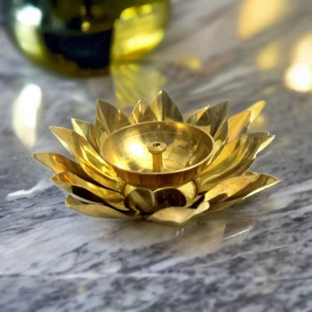 Ashlo's Decor Pure Brass Diya with Leaves | Lotus Shape Akhand Jyothi Diya - Decorative Akhand Deepak for Pooja