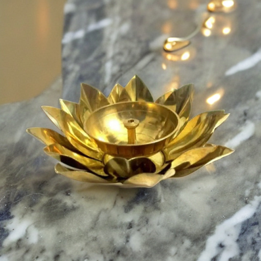 Ashlo's Decor Pure Brass Diya with Leaves | Lotus Shape Akhand Jyothi Diya - Decorative Akhand Deepak for Pooja