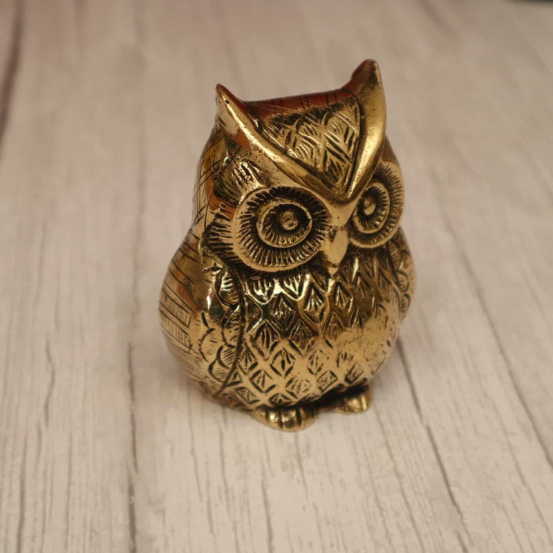 Ashlo's Decorative Brass Owl Figurine, Metallic Gold, Patterned Design, 10 cm Height