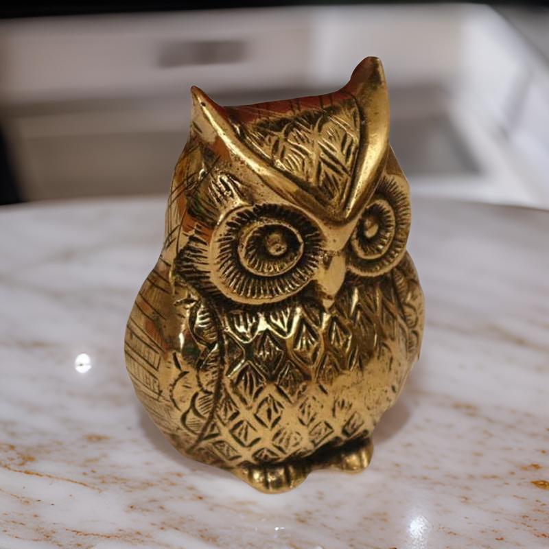 Ashlo's Decorative Brass Owl Figurine, Metallic Gold, Patterned Design, 10 cm Height