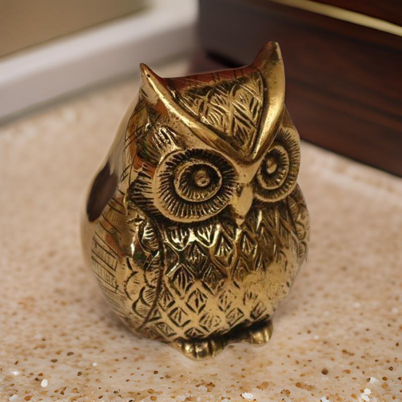 Ashlo's Decorative Brass Owl Figurine, Metallic Gold, Patterned Design, 10 cm Height