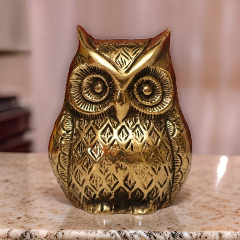 Ashlo's Decorative Brass Owl Figurine, Metallic Gold, Patterned Design, 10 cm Height