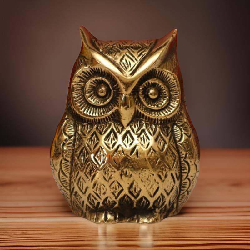 Ashlo's Decorative Brass Owl Figurine, Metallic Gold, Patterned Design, 10 cm Height