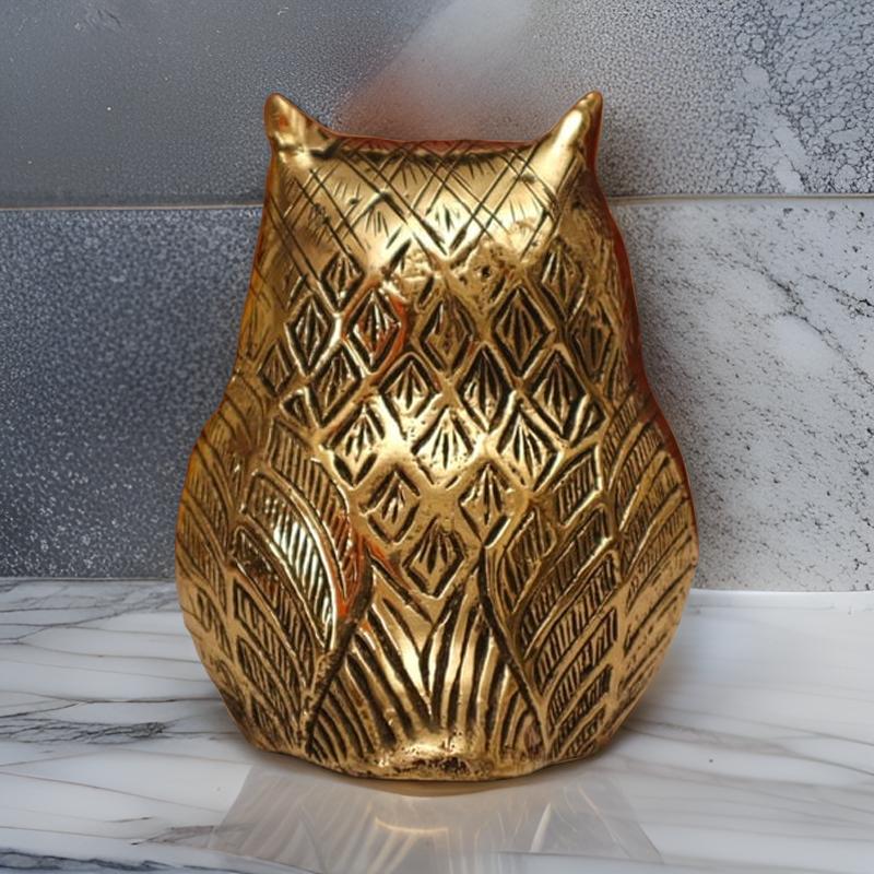 Ashlo's Decorative Brass Owl Figurine, Metallic Gold, Patterned Design, 10 cm Height