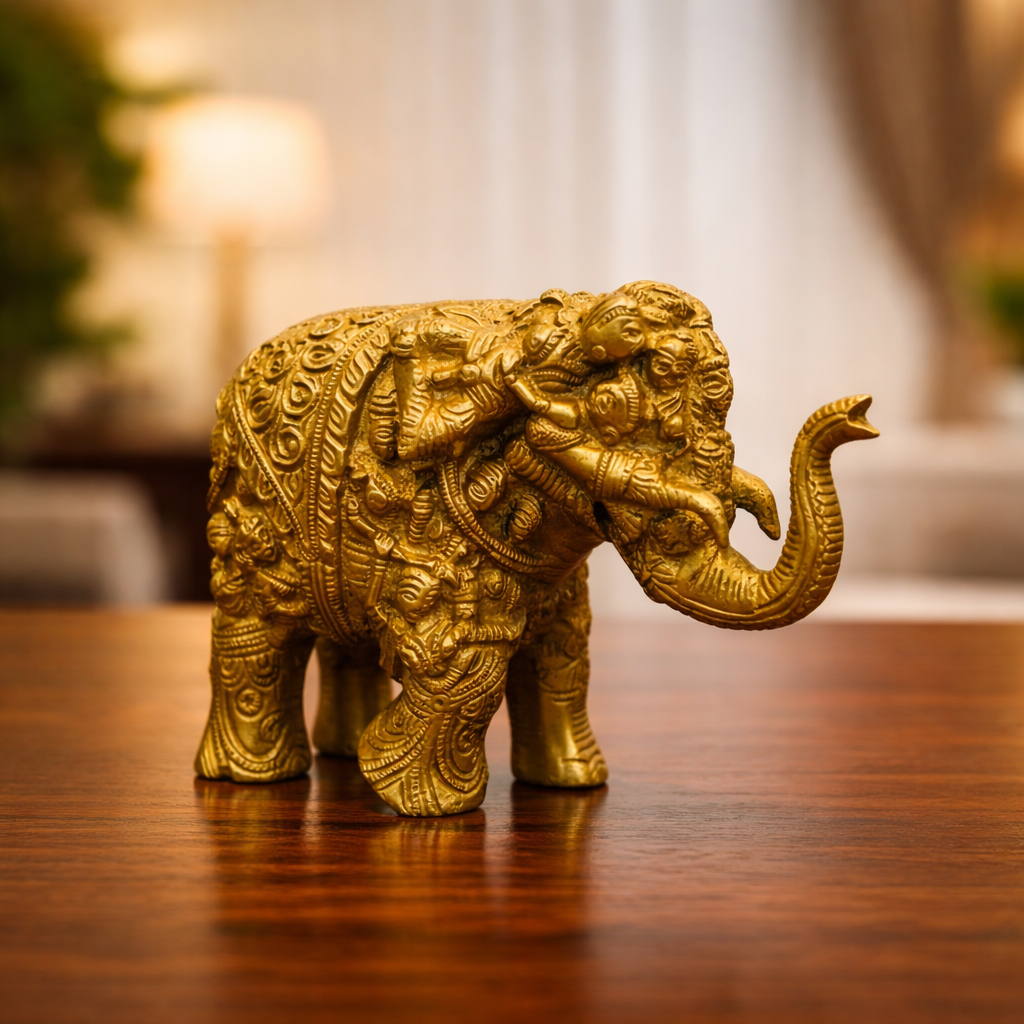 Ashlo's Handcrafted Elephant Figurine with Intricate Carvings, 17cm, Antique Brass Finish