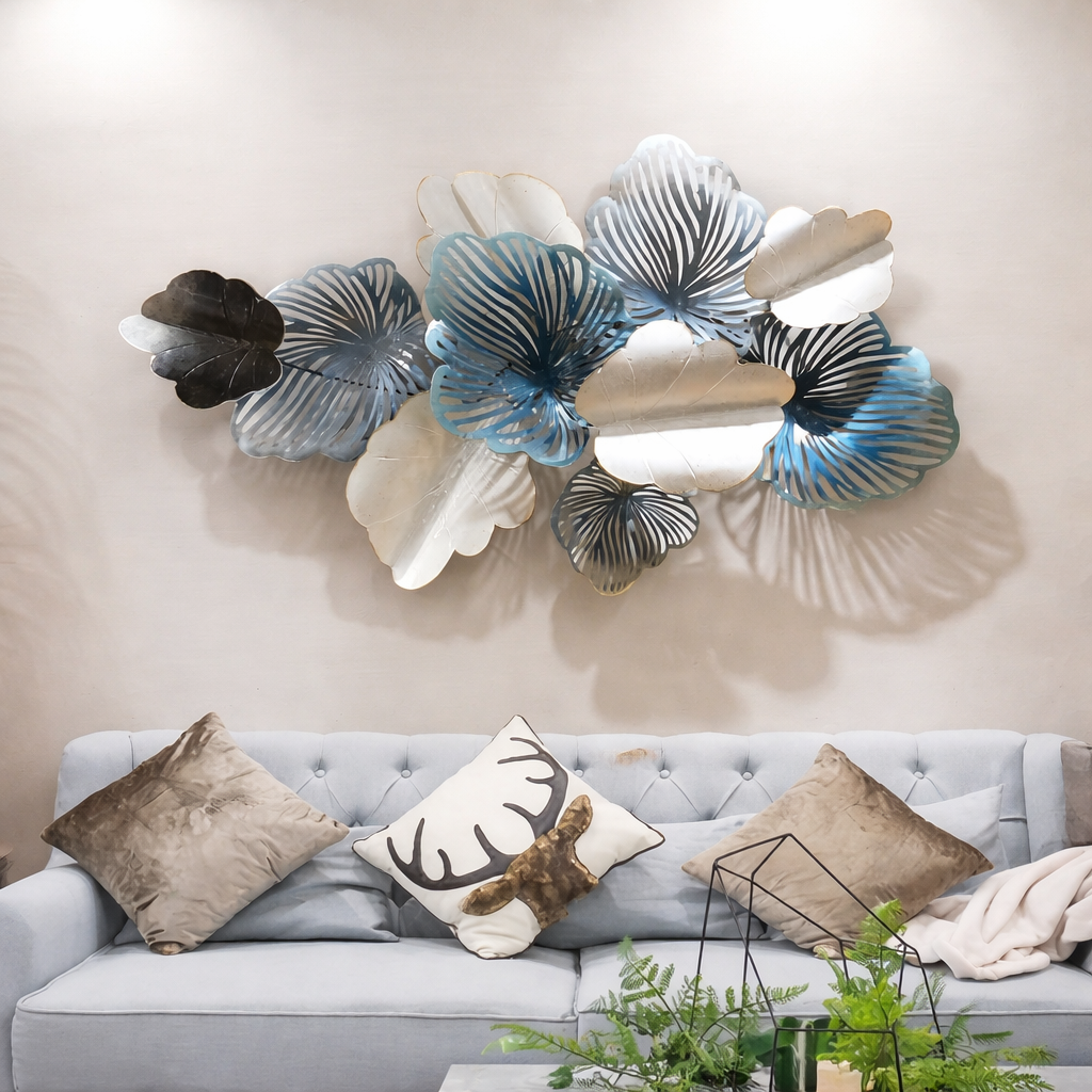 Ashlo's Decorative Metal Leaf Wall Art | Blue, White & Gold Finish | Contemporary 3D Wall Décor for Home & Office