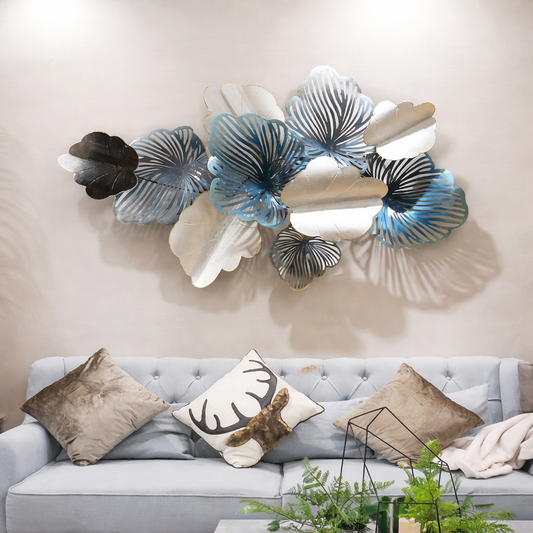 Ashlo's Decorative Metal Leaf Wall Art | Blue, White & Gold Finish | Contemporary 3D Wall Décor for Home & Office