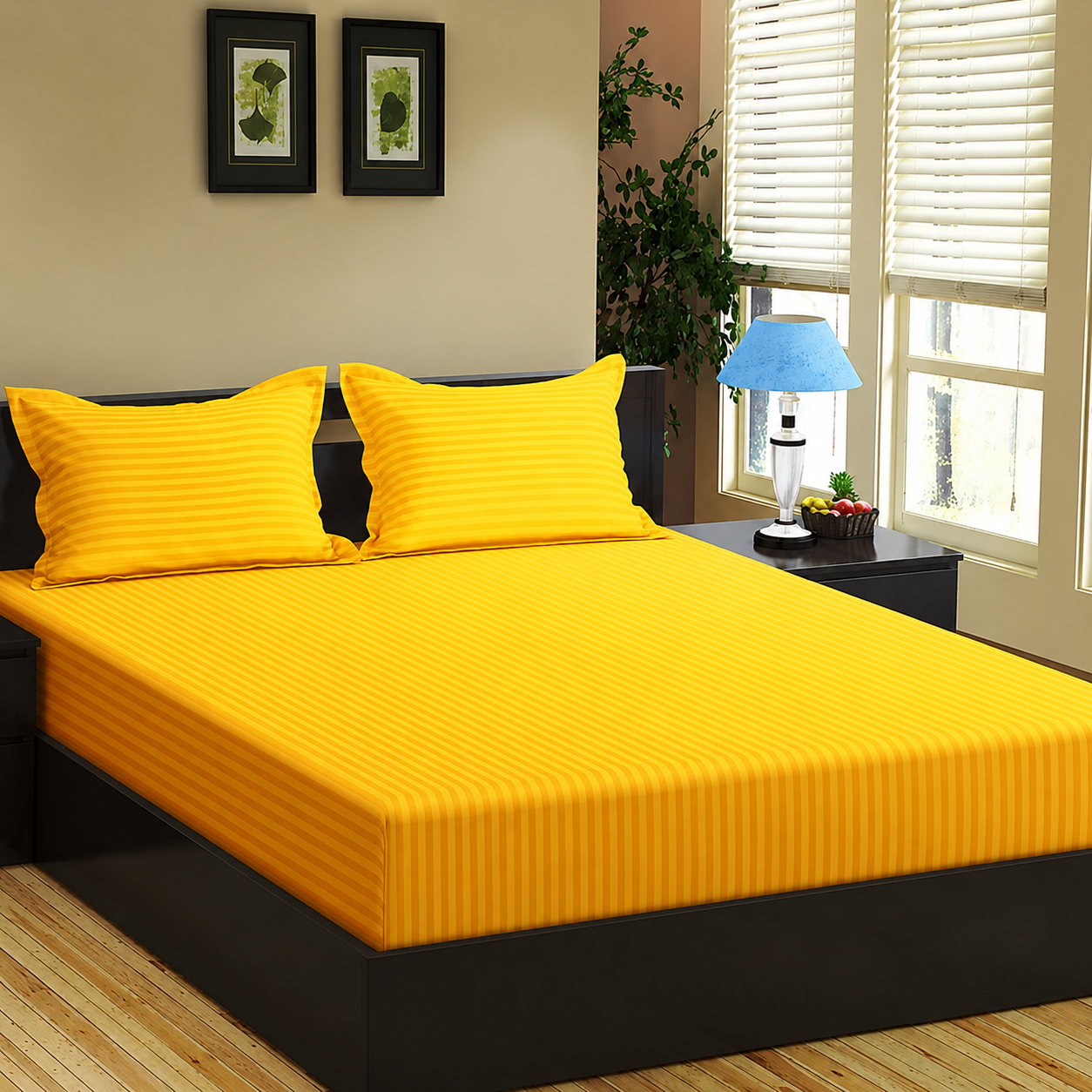 Ashlo's Striped Bed Sheet Set, Hotel Style, Satin Stripe, Double Bed, with Pillow Covers