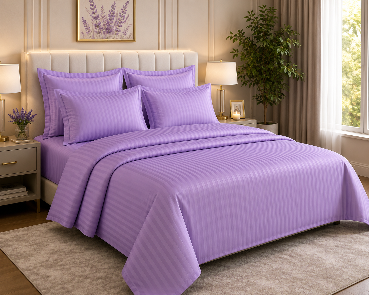 Ashlo's Striped Bed Sheet Set, Hotel Style, Satin Stripe, Double Bed, with Pillow Covers
