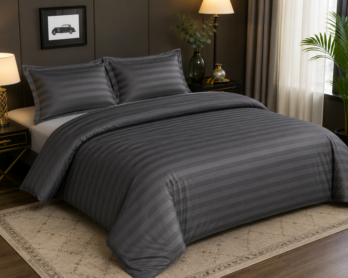 Ashlo's Striped Bed Sheet Set, Hotel Style, Satin Stripe, Double Bed, with Pillow Covers