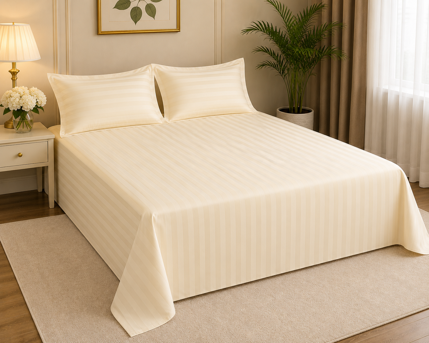 Ashlo's Striped Bed Sheet Set, Hotel Style, Satin Stripe, Double Bed, with Pillow Covers