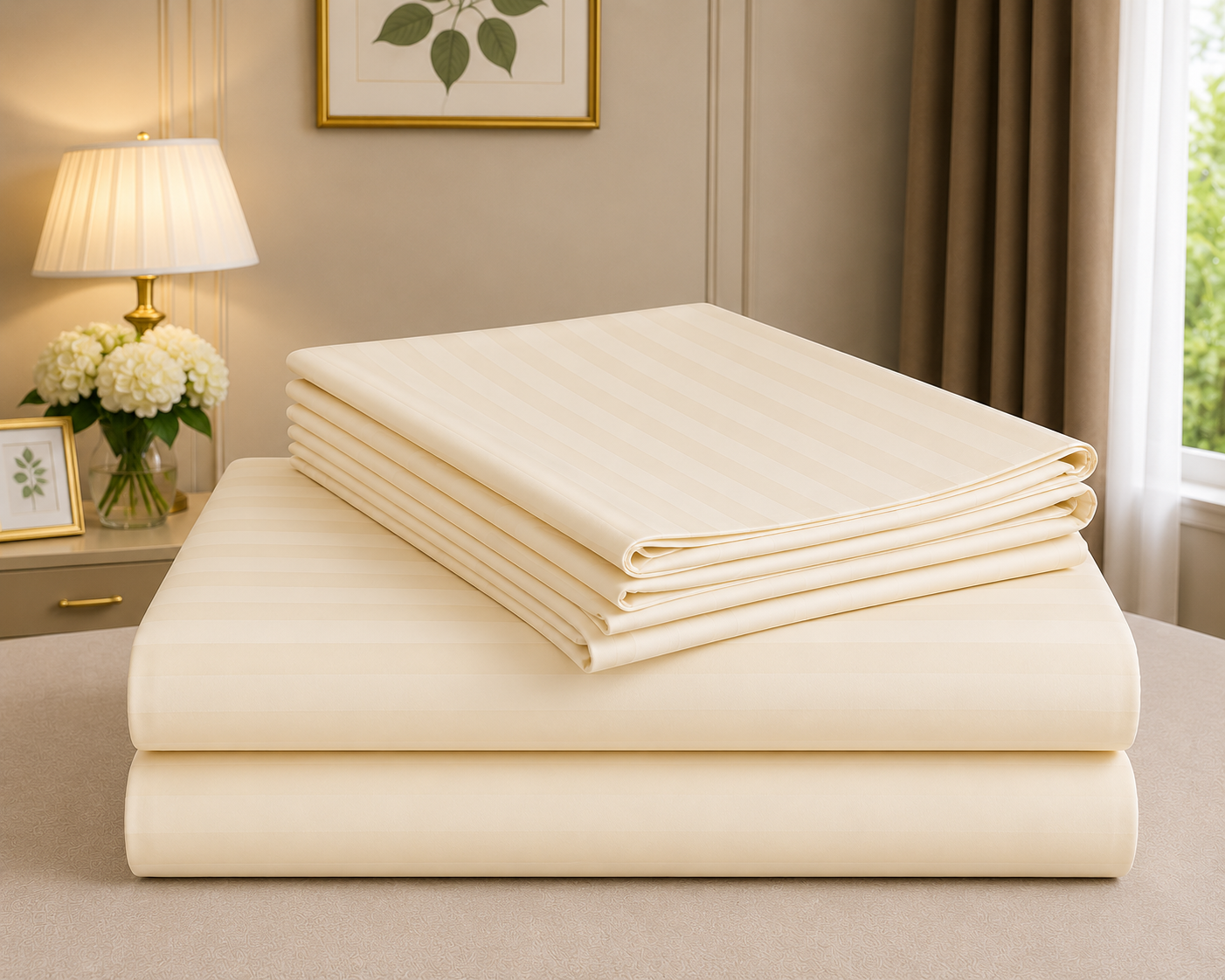 Ashlo's Striped Bed Sheet Set, Hotel Style, Satin Stripe, Double Bed, with Pillow Covers