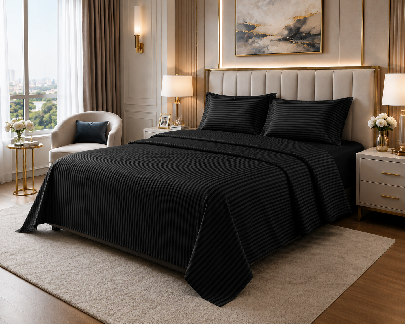 Ashlo's Striped Bed Sheet Set, Hotel Style, Satin Stripe, Double Bed, with Pillow Covers