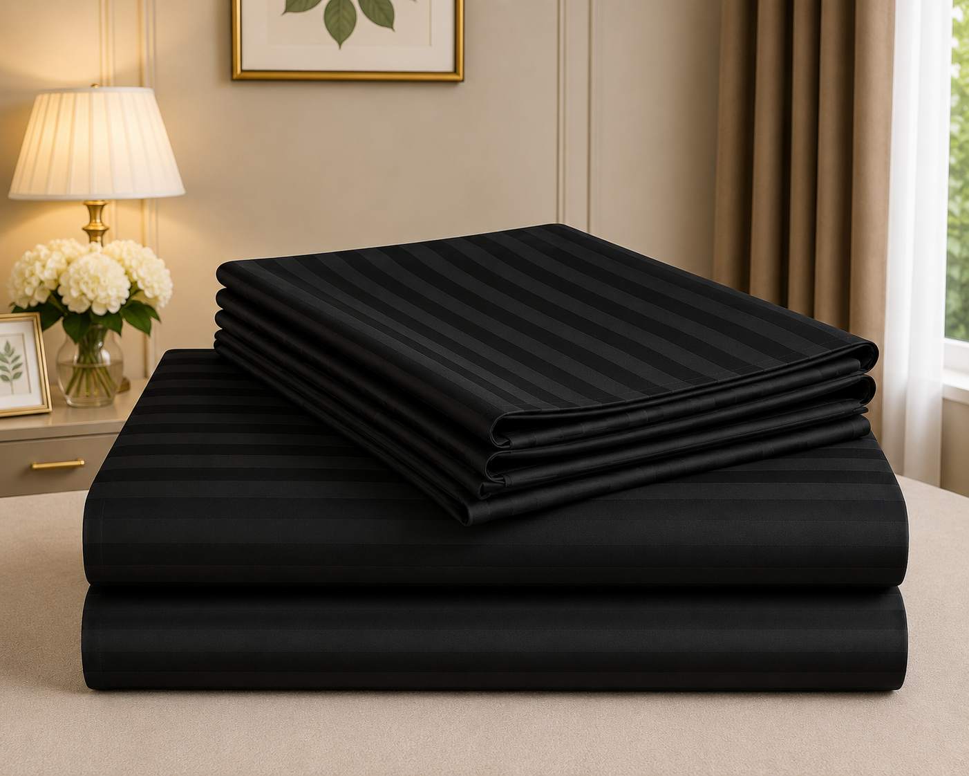 Ashlo's Striped Bed Sheet Set, Hotel Style, Satin Stripe, Double Bed, with Pillow Covers