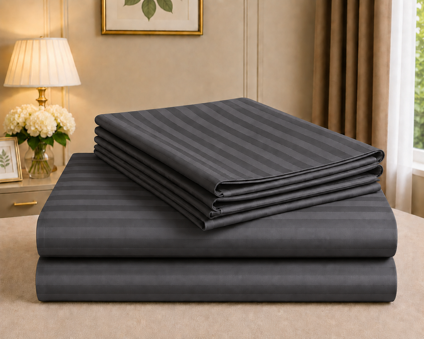 Ashlo's Striped Bed Sheet Set, Hotel Style, Satin Stripe, Double Bed, with Pillow Covers