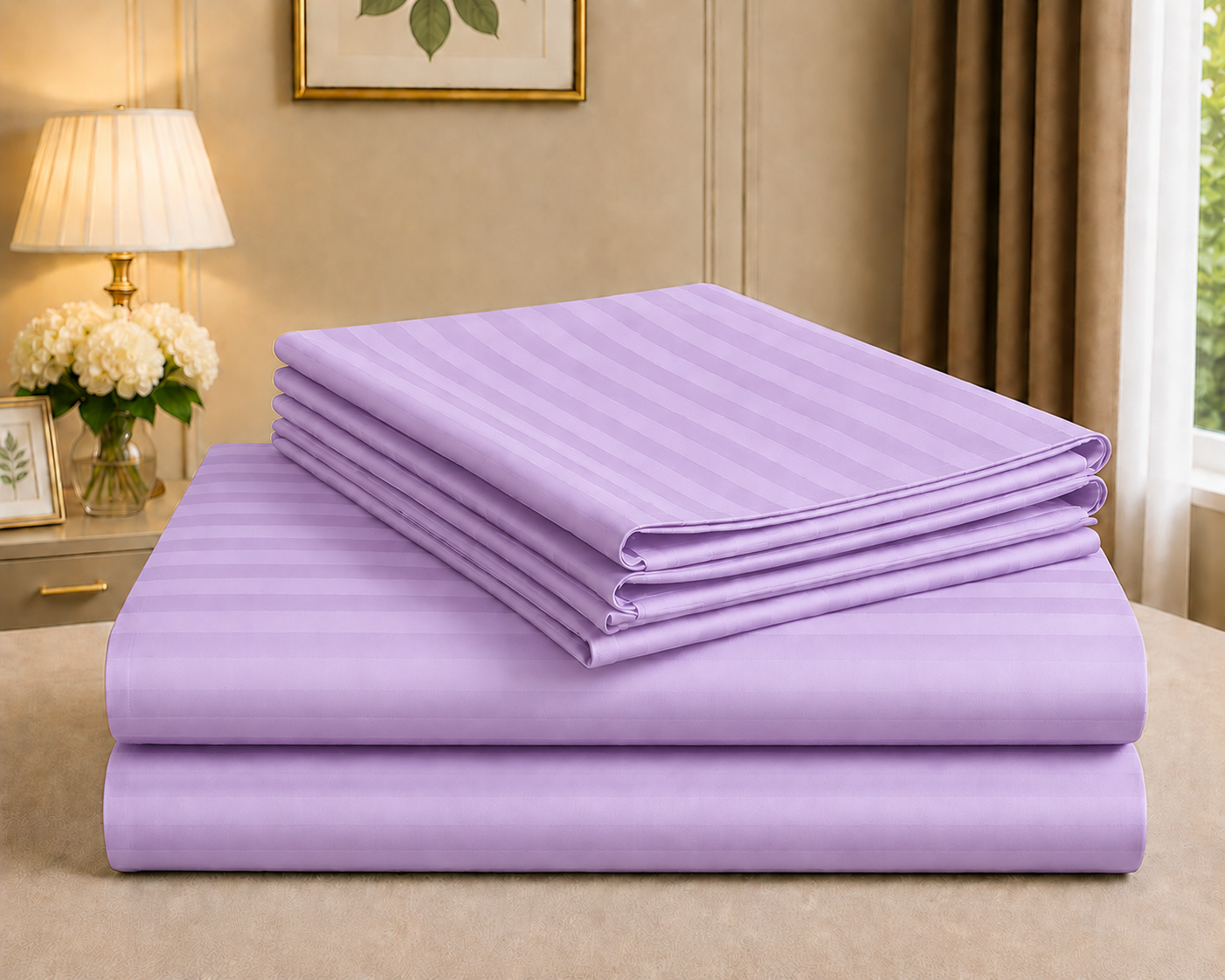 Ashlo's Striped Bed Sheet Set, Hotel Style, Satin Stripe, Double Bed, with Pillow Covers