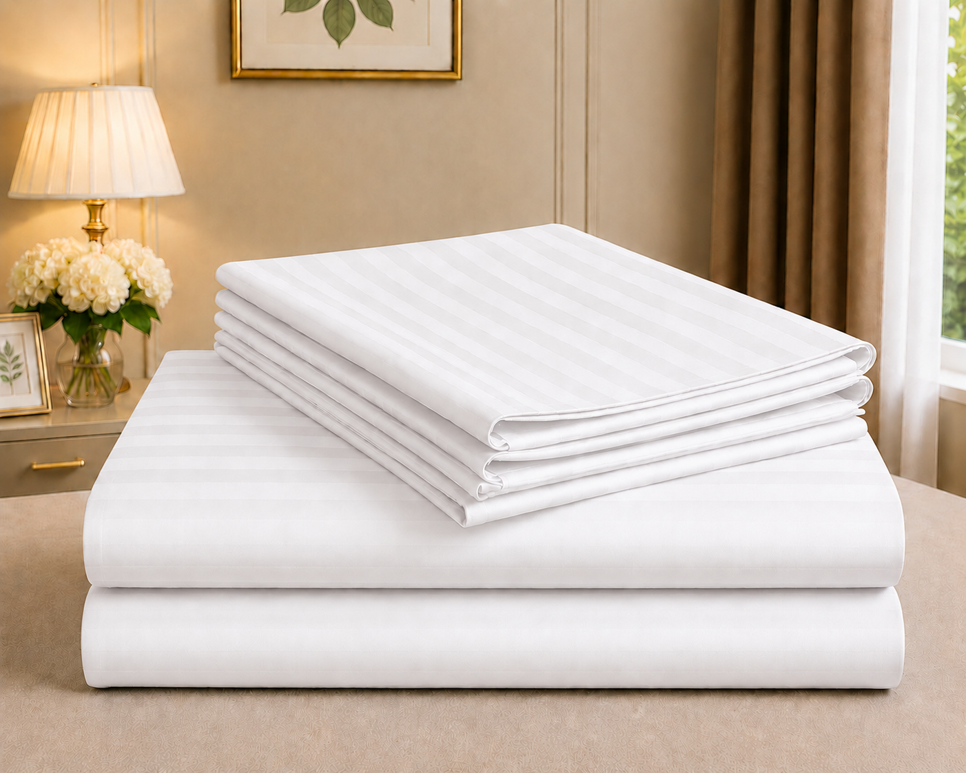 Ashlo's Striped Bed Sheet Set, Hotel Style, Satin Stripe, Double Bed, with Pillow Covers