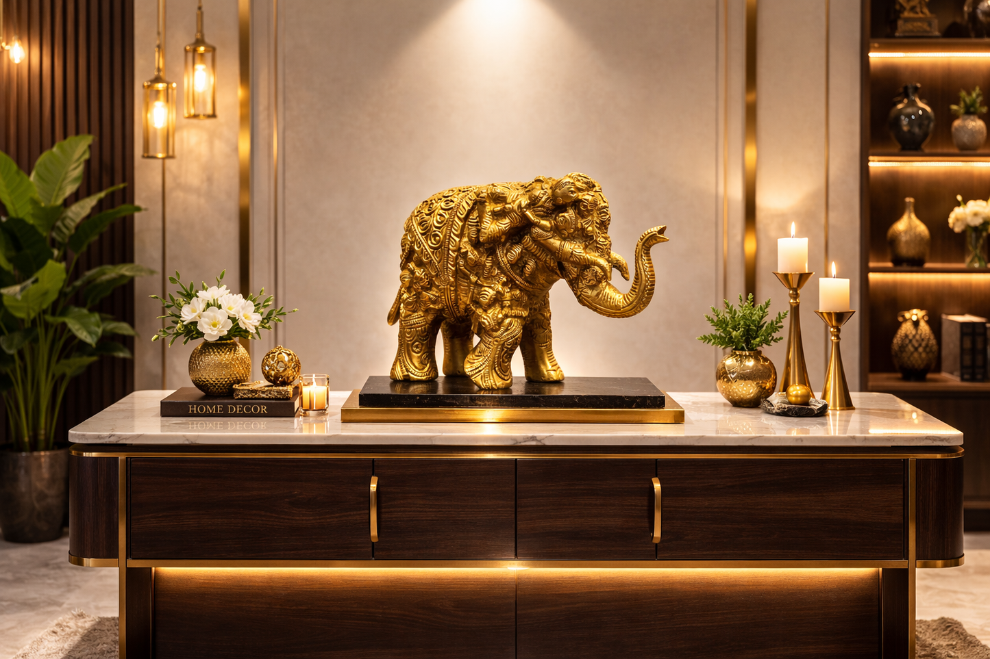 Ashlo's Handcrafted Elephant Figurine with Intricate Carvings, 17cm, Antique Brass Finish