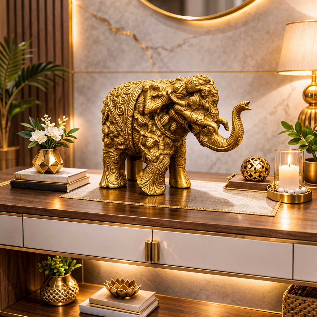 Ashlo's Handcrafted Elephant Figurine with Intricate Carvings, 17cm, Antique Brass Finish