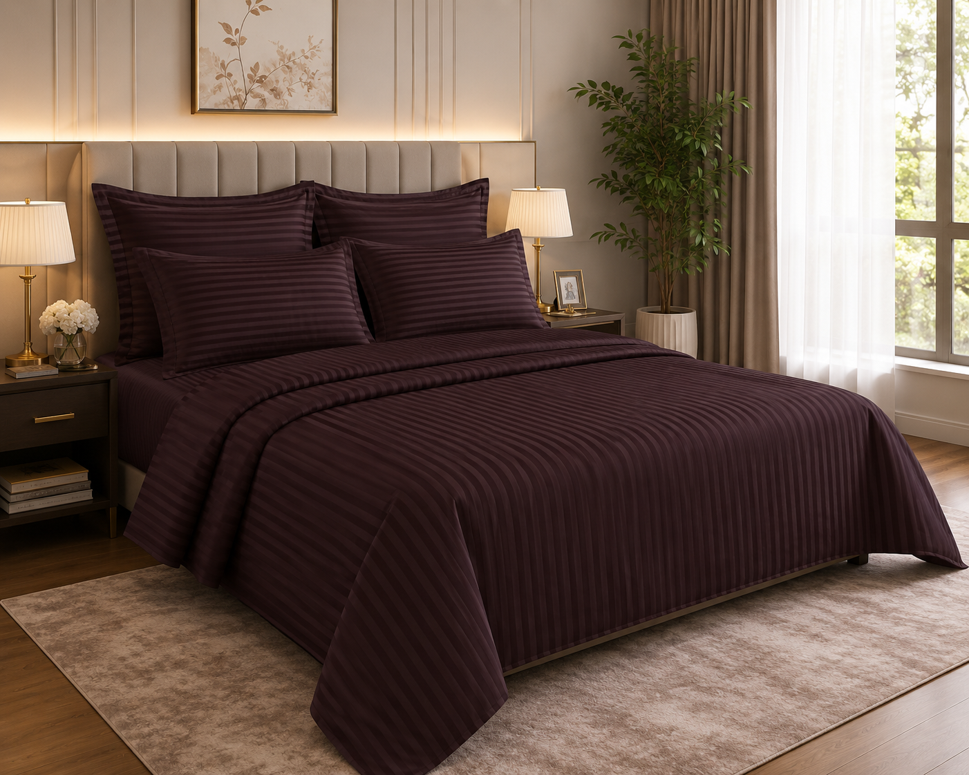 Ashlo's Striped Bed Sheet Set, Hotel Style, Satin Stripe, Double Bed, with Pillow Covers