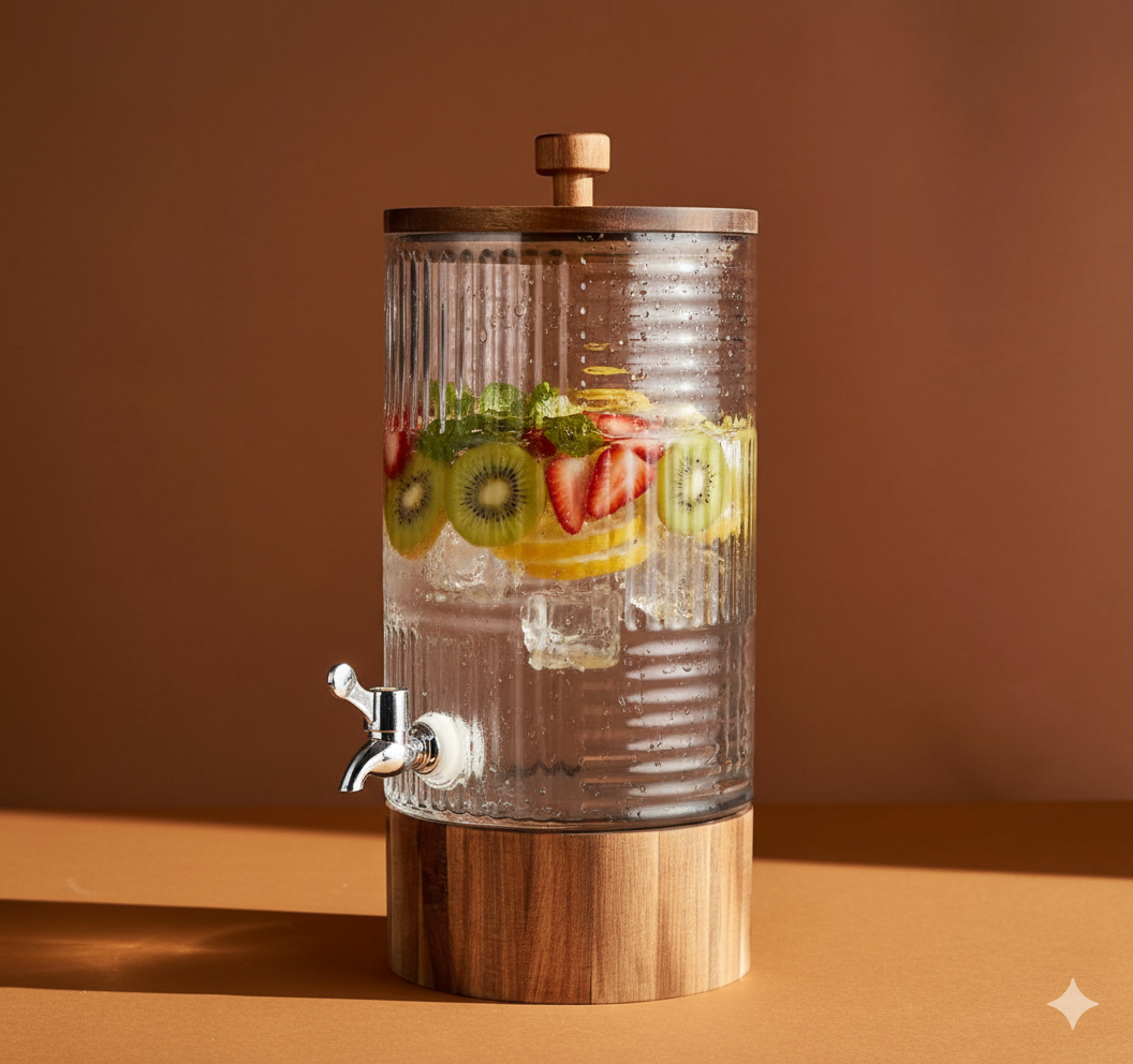 Ashlo's 6 Litre Glass Beverage Dispenser with Easy-Pour Tap – Ideal for detox water, juices, lemonade, and more. Durable glass mason jar design, perfect for home, kitchen, parties, and restaurants.