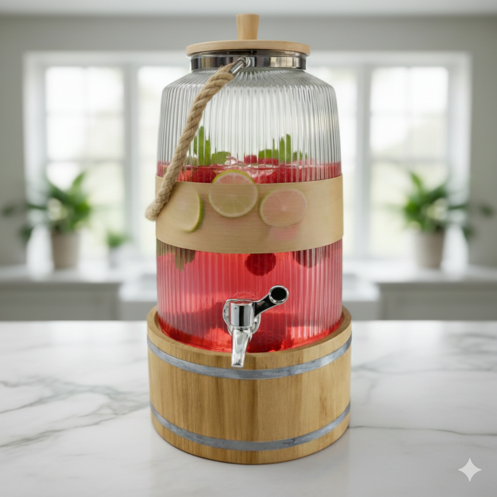 Ashlo's 3 Litre Glass Beverage Dispenser with Easy-Pour Tap – Ideal for detox water, juices, lemonade, and more. Durable glass mason jar design, perfect for home, kitchen, parties, and restaurants.