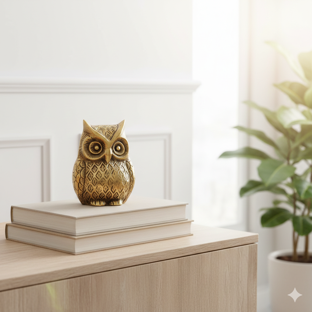 Ashlo's Brass Owl Statue – Vintage-Inspired Decorative Figurine for Home Decor – Wise Owl Sculpture for Console Tables, Bookshelves, and Office Desks – Antique Gold Finish