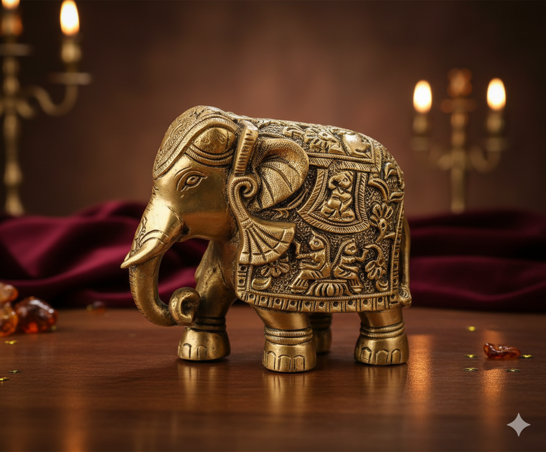Ashlo's Decor Antique Brass Elephant Figurine, Handcrafted Gold Finish Decorative Showpiece for Home & Office