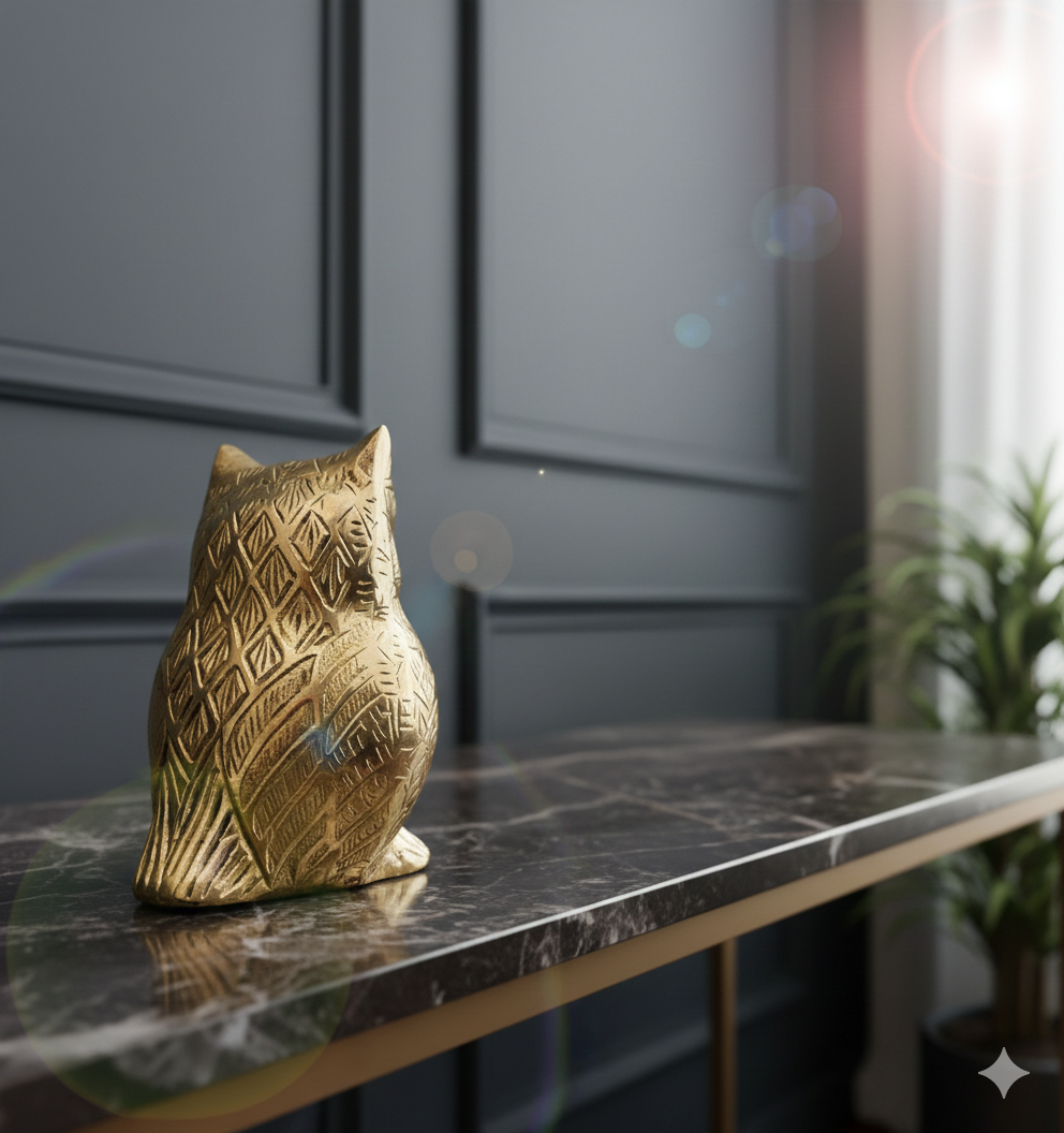 Ashlo's Brass Owl Statue – Vintage-Inspired Decorative Figurine for Home Decor – Wise Owl Sculpture for Console Tables, Bookshelves, and Office Desks – Antique Gold Finish
