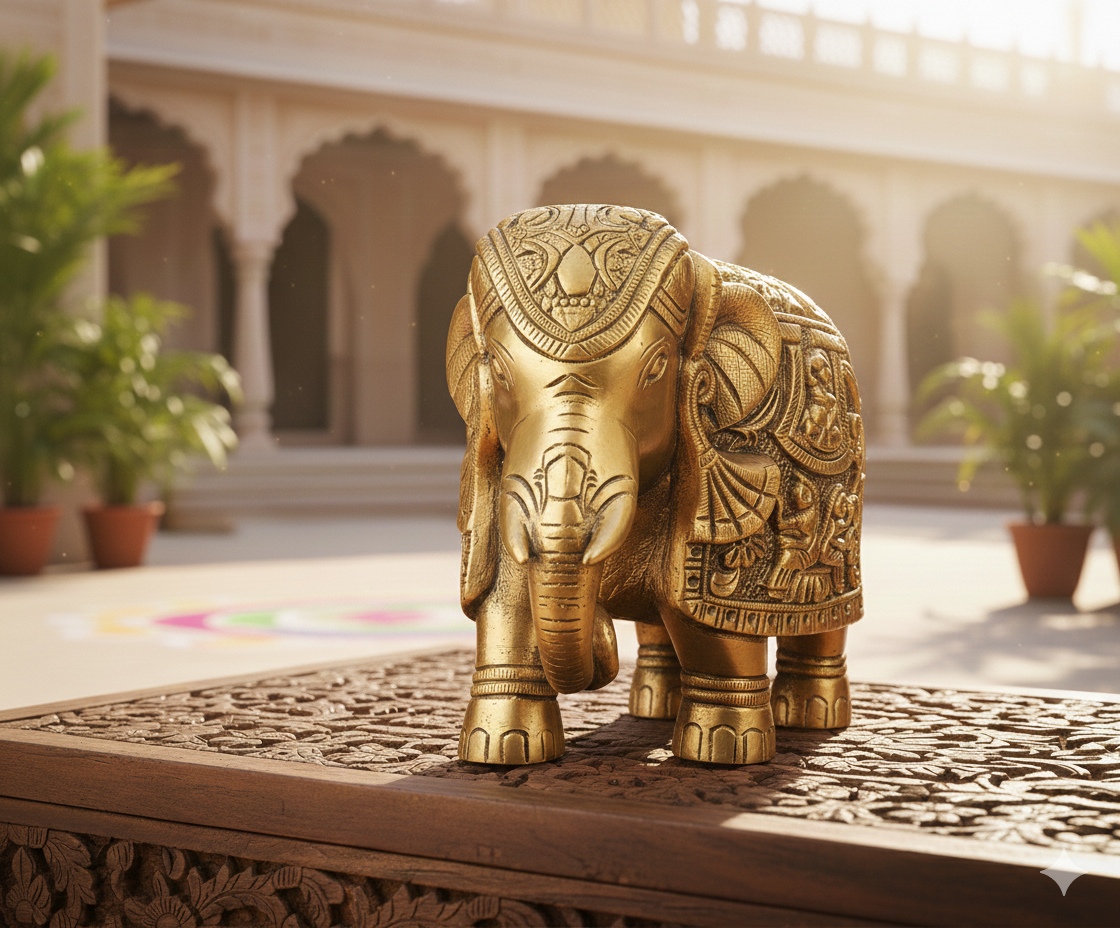 Ashlo's Decor Antique Brass Elephant Figurine, Handcrafted Gold Finish Decorative Showpiece for Home & Office