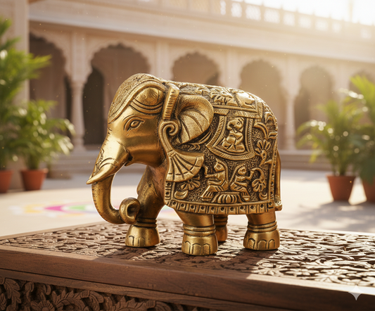 Ashlo's Decor Antique Brass Elephant Figurine, Handcrafted Gold Finish Decorative Showpiece for Home & Office