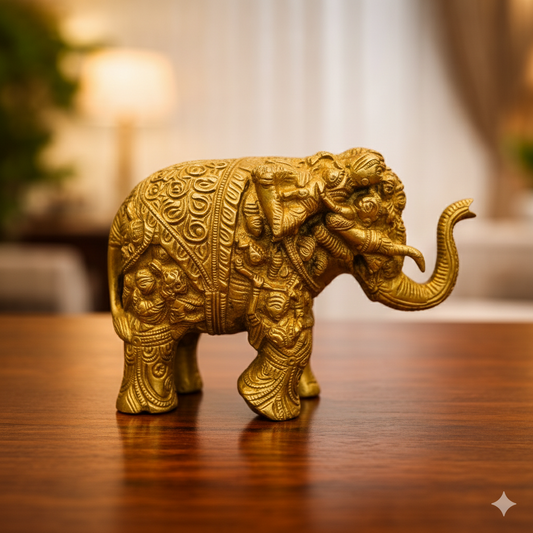 Ashlo's Handcrafted Elephant Figurine with Intricate Carvings, 17cm, Antique Brass Finish