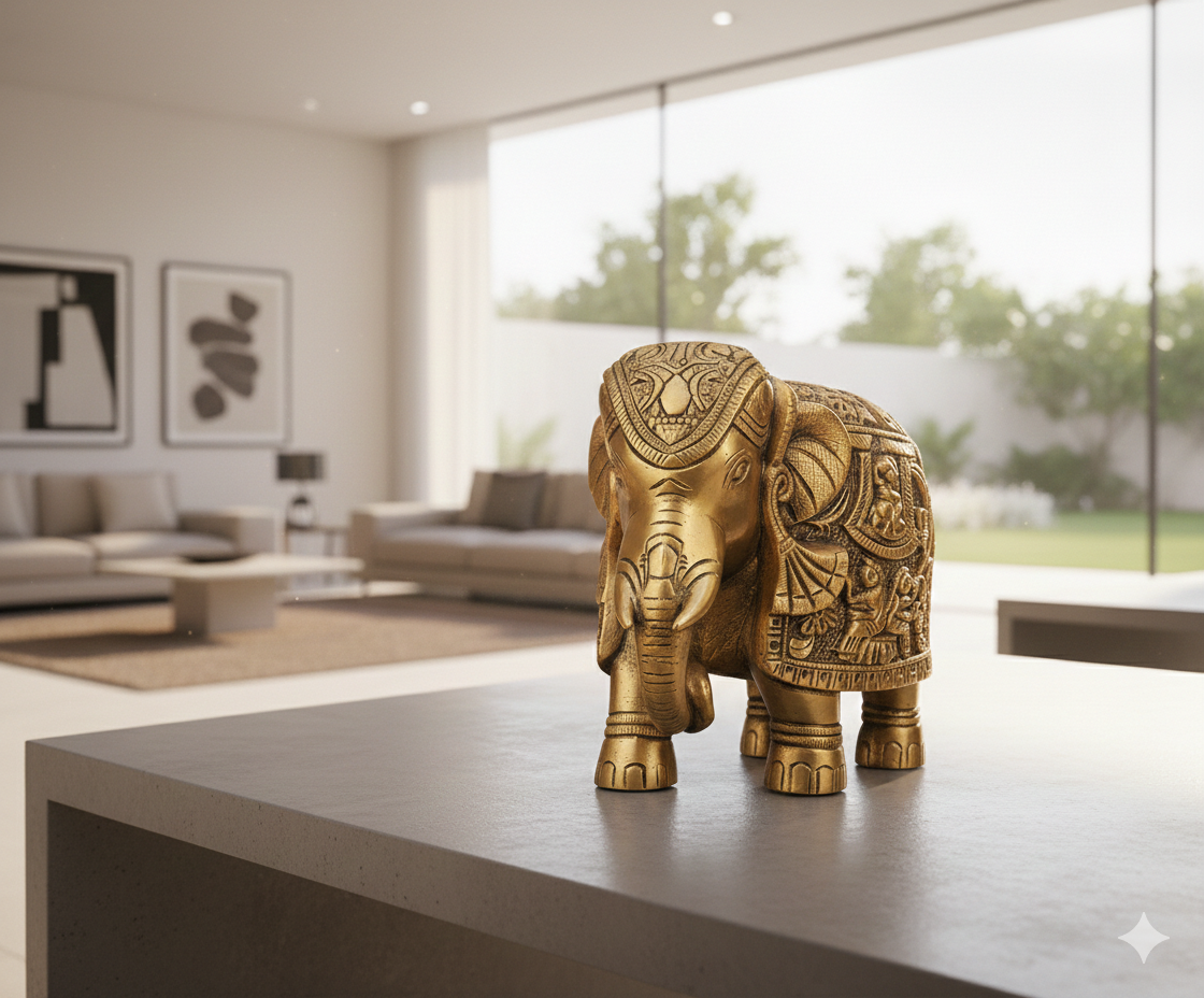 Ashlo's Decor Antique Brass Elephant Figurine, Handcrafted Gold Finish Decorative Showpiece for Home & Office