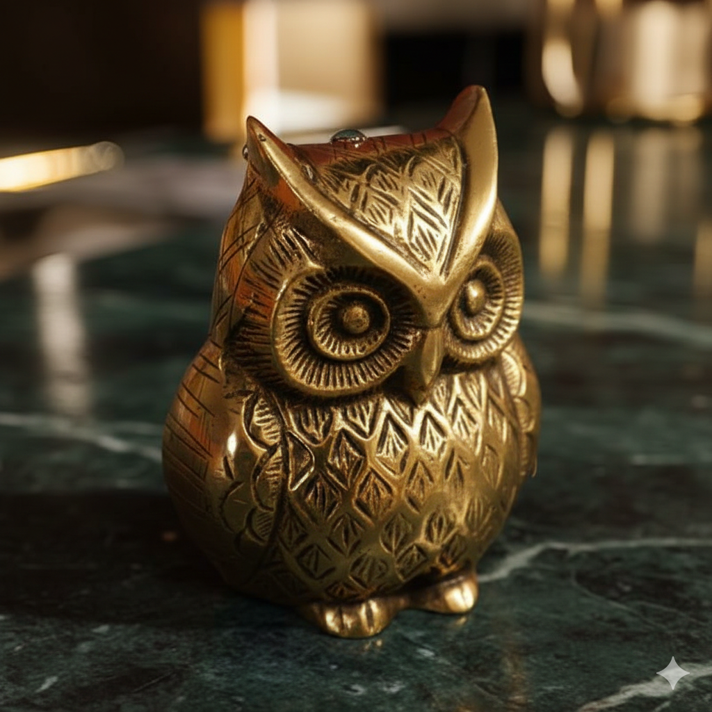 Ashlo's Brass Owl Statue – Vintage-Inspired Decorative Figurine for Home Decor – Wise Owl Sculpture for Console Tables, Bookshelves, and Office Desks – Antique Gold Finish