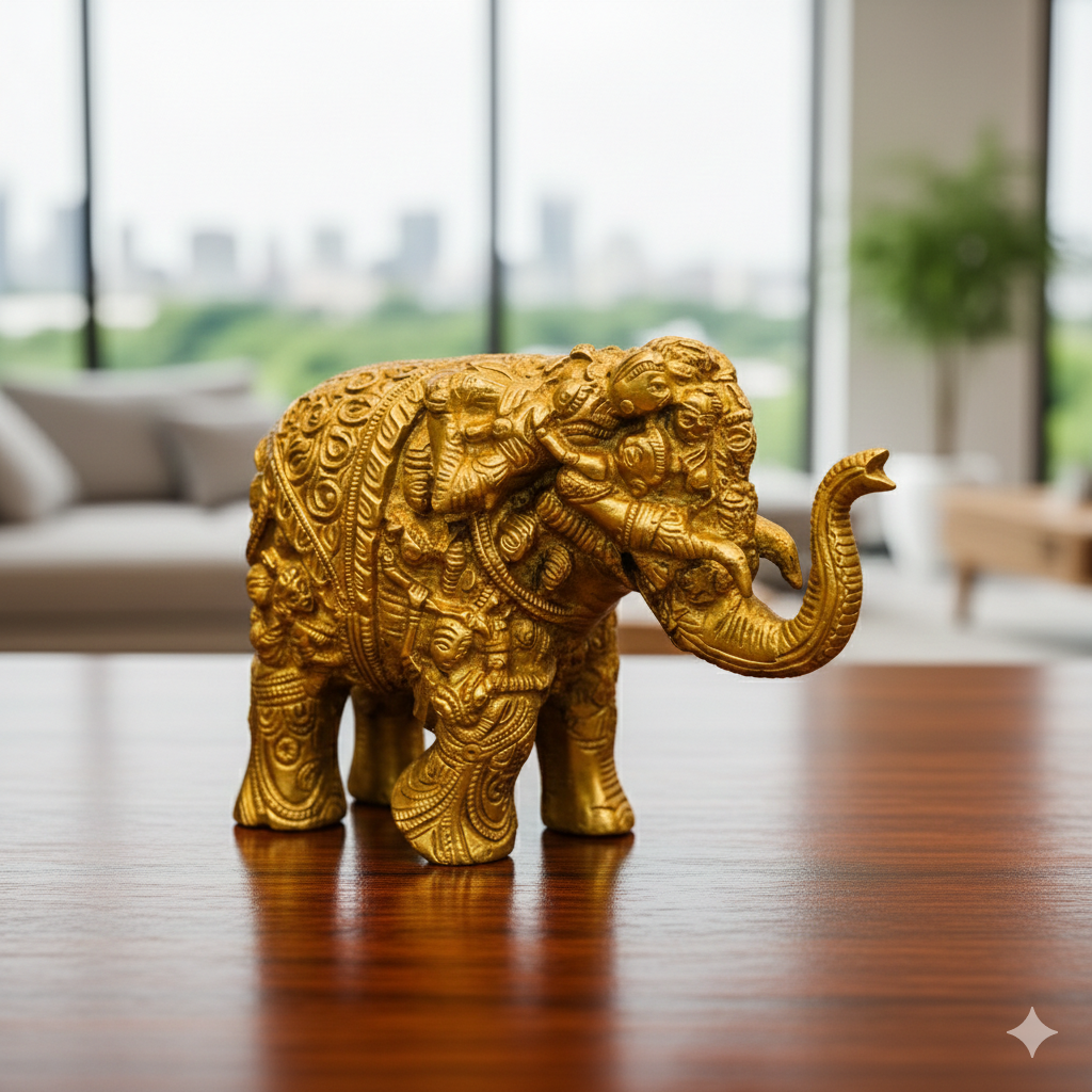 Ashlo's Handcrafted Elephant Figurine with Intricate Carvings, 17cm, Antique Brass Finish
