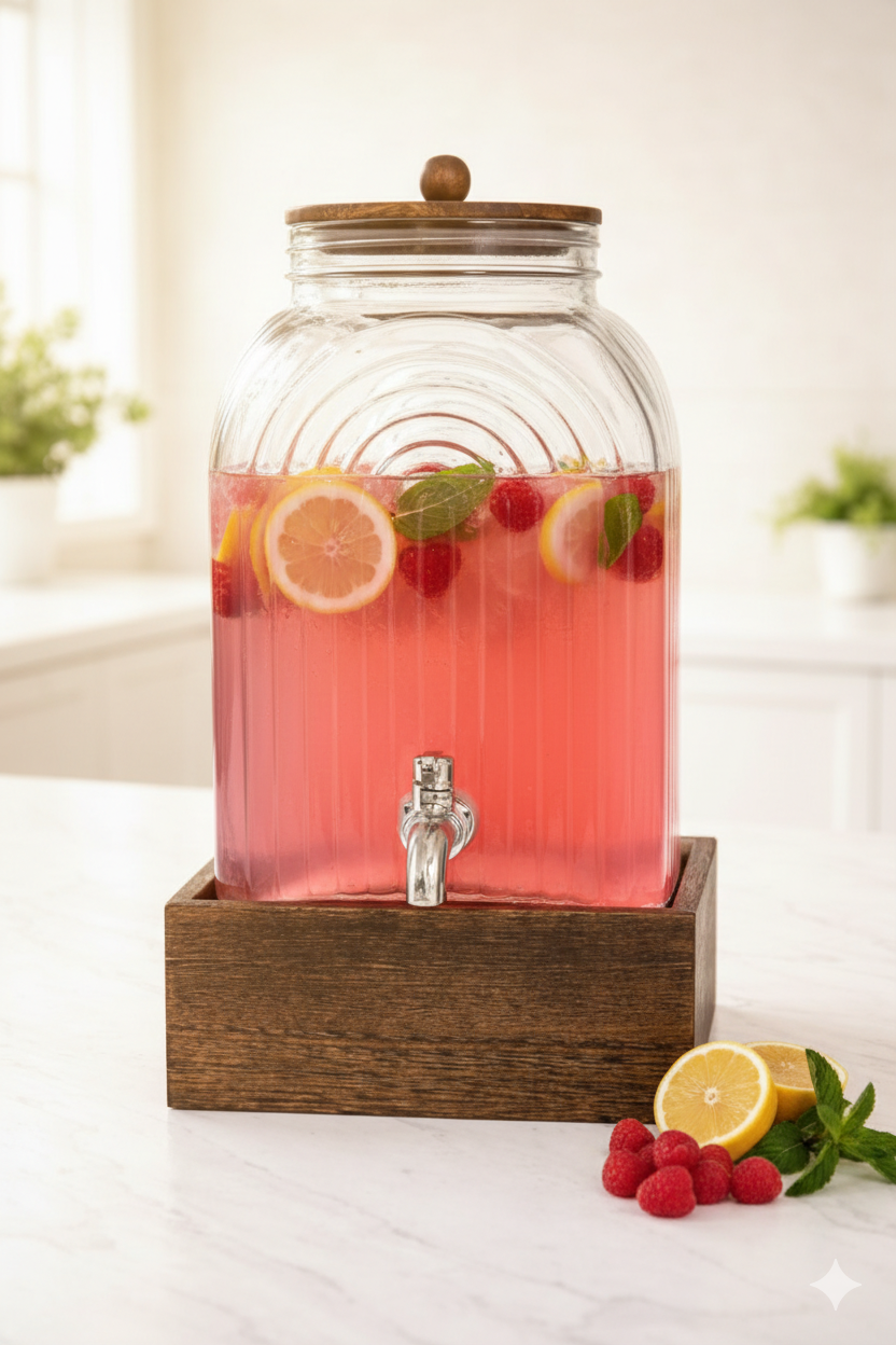 Ashlo's 3 Litre Glass Beverage Dispenser with Easy-Pour Tap – Ideal for detox water, juices, lemonade, and more. Durable glass mason jar design, perfect for home, kitchen, parties, and restaurants.