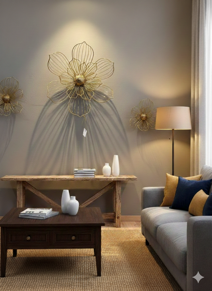 Ashlo's Decorative Golden Floral Wall Art | 3D Metal Flower Design | Modern Wall Décor for Living Room & Bedroom