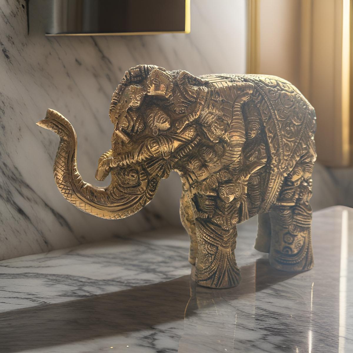 Ashlo's Handcrafted Elephant Figurine with Intricate Carvings, 17cm, Antique Brass Finish