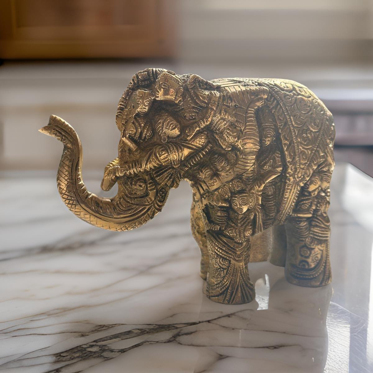 Ashlo's Handcrafted Elephant Figurine with Intricate Carvings, 17cm, Antique Brass Finish