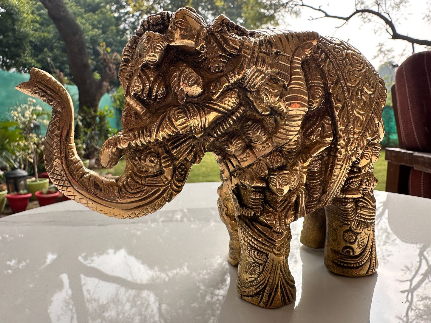 Ashlo's Handcrafted Elephant Figurine with Intricate Carvings, 17cm, Antique Brass Finish