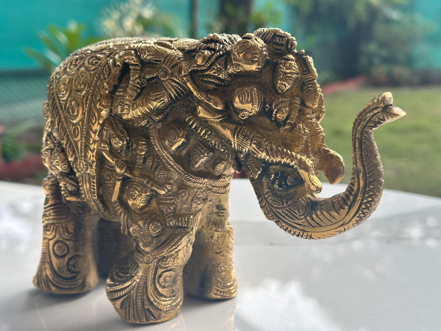 Ashlo's Handcrafted Elephant Figurine with Intricate Carvings, 17cm, Antique Brass Finish