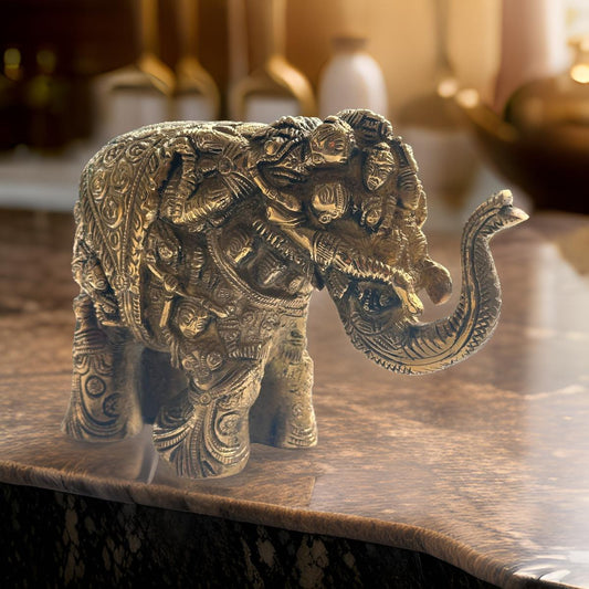 Ashlo's Handcrafted Elephant Figurine with Intricate Carvings, 17cm, Antique Brass Finish