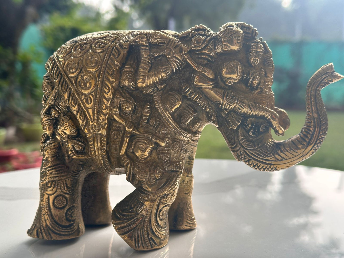 Ashlo's Handcrafted Elephant Figurine with Intricate Carvings, 17cm, Antique Brass Finish