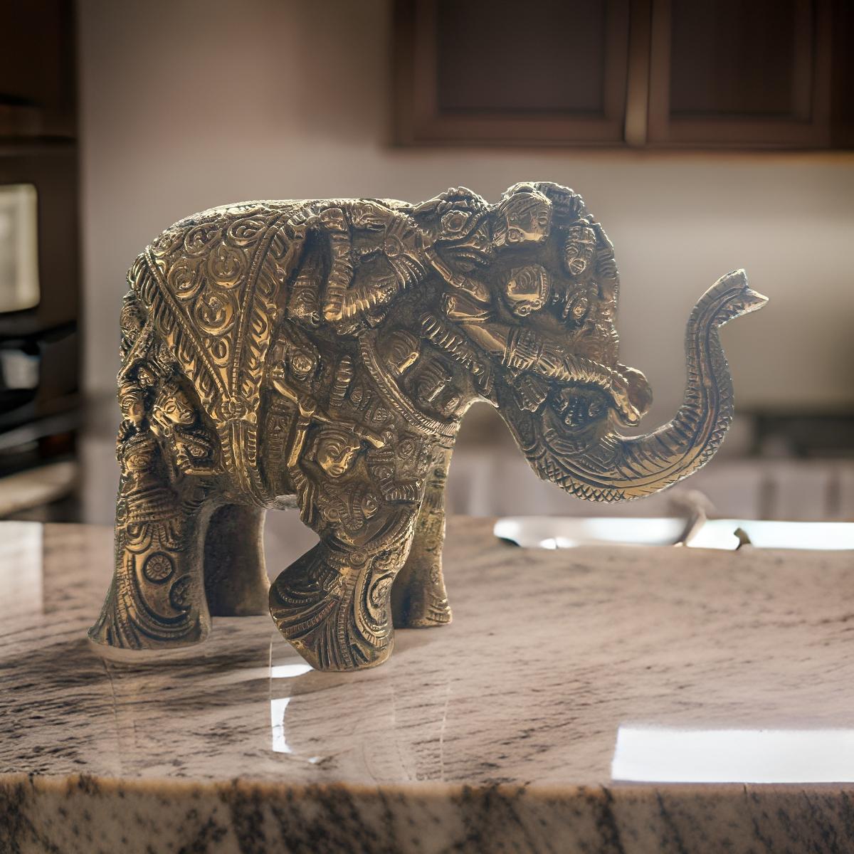 Ashlo's Handcrafted Elephant Figurine with Intricate Carvings, 17cm, Antique Brass Finish